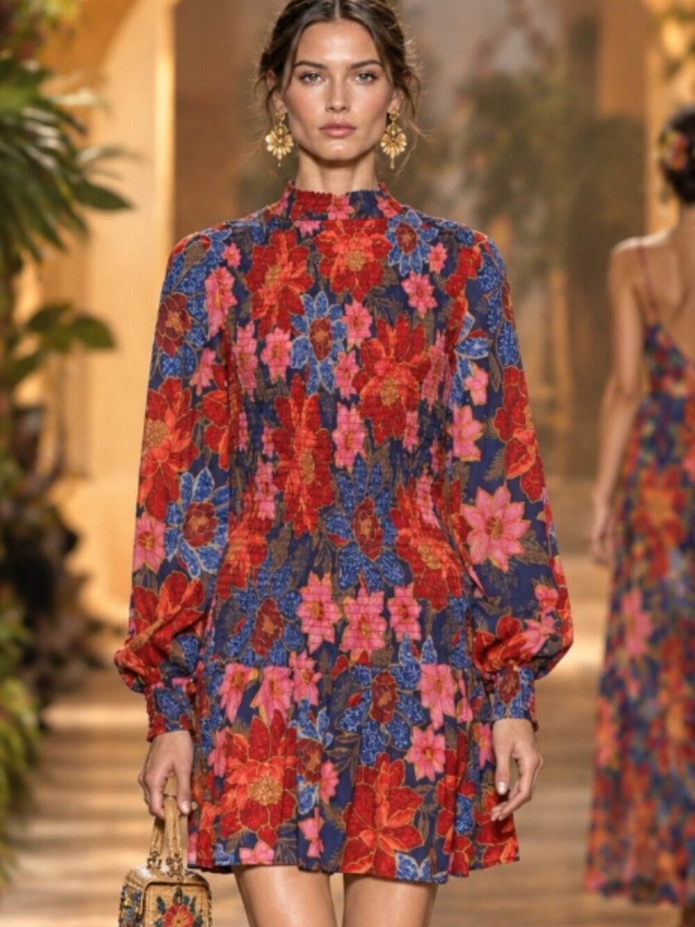 NWOT FARM RIO Floral Red Multi Mixed Flower Prints Smocked Mini Dress XS $221